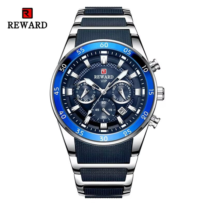 Reward VIP Luxury Watch Silver And Blue Stainless Steel Strap
